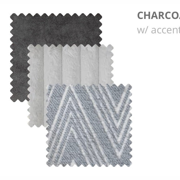 Three fabric swatches for the Henley Sofa: one dark charcoal, one light gray, and one light gray with diagonal and chevron-striped accents—each perfect for a contemporary or modular design. Text on the right reads CHARCOAL w/ accent.