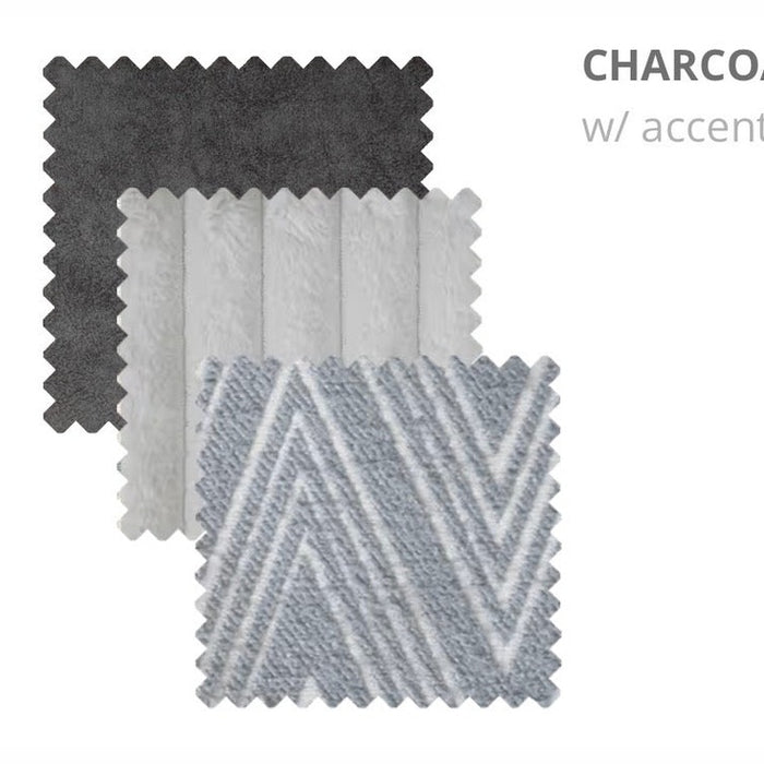 Three fabric swatches for Henley labeled CHARCOAL: a solid dark charcoal, a light gray textured chenille, and a gray and white diagonal pattern—ideal for any contemporary sofa.