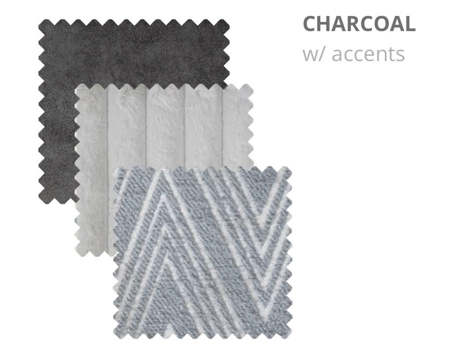 Three fabric swatches for Henley labeled CHARCOAL: a solid dark charcoal, a light gray textured chenille, and a gray and white diagonal pattern—ideal for any contemporary sofa.