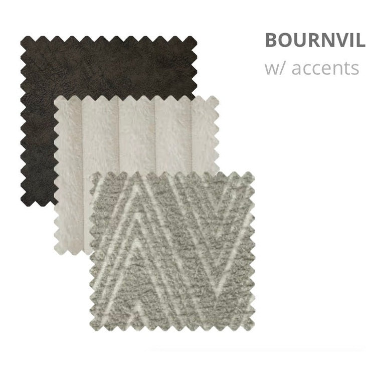 Three fabric swatches labeled BOURNVIL for the Henley Sofa: one dark brown, one light cream with vertical stripes, and one grayish chenille fabric featuring a zigzag pattern—each ideal for bringing texture and style to a contemporary or modular Henley Sofa.