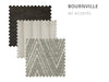 Three swatches of textured Henley fabric in dark brown, light beige, and grey with a geometric pattern—ideal for contemporary sofas or stylish living room pieces. Labeled BOURNVILLE with accents.