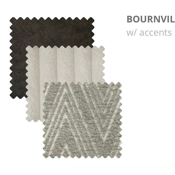 Three swatches of textured Henley fabric in dark brown, light beige, and grey with a geometric pattern—ideal for contemporary sofas or stylish living room pieces. Labeled BOURNVILLE with accents.