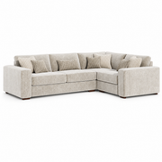 The Henley Sofa is an L-shaped sectional upholstered in light beige chenille fabric, featuring six seat cushions, seven matching throw pillows, and short wooden legs. Set against a plain white background, this contemporary piece seamlessly blends comfort and style for any modern living space.