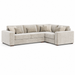 The Henley is a light beige contemporary L-shaped sofa in soft chenille fabric with clean lines, five patterned throw pillows, and wooden block feet, shown against a plain white background.