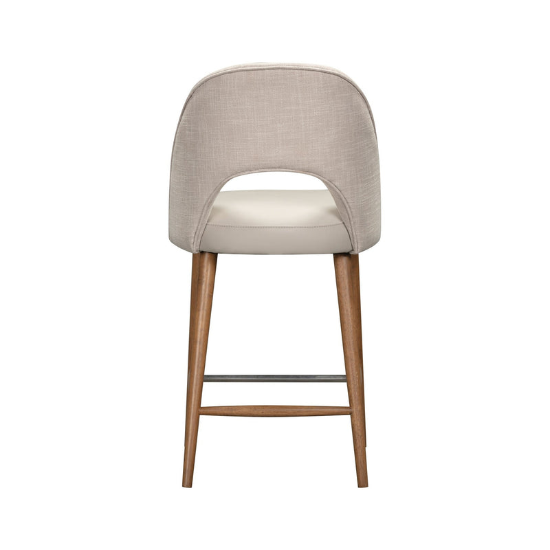 The Florence Counter Stool features a light beige upholstered backrest, white cushioned seat, wooden legs, and metal footrest, shown from the back against a white background.