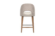 The Florence Counter Stool features a light beige upholstered backrest, white cushioned seat, wooden legs, and metal footrest, shown from the back against a white background.