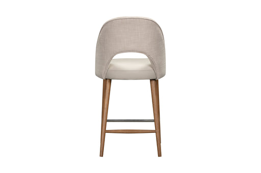 The Florence Counter Stool features a light beige upholstered backrest, white cushioned seat, wooden legs, and metal footrest, shown from the back against a white background.
