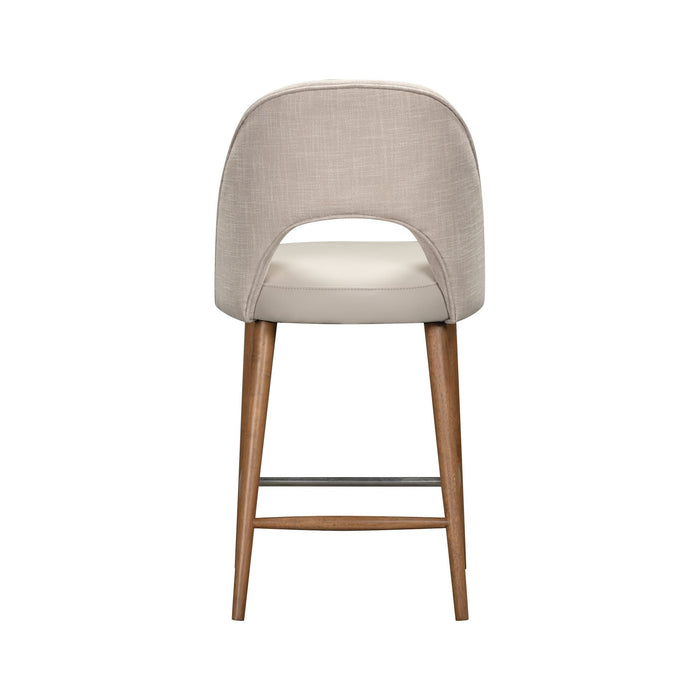 The Florence Counter Stool features a light beige upholstered backrest, white cushioned seat, wooden legs, and metal footrest, shown from the back against a white background.