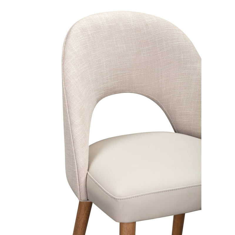 The Florence Counter Stool features a curved, upholstered backrest in light beige fabric, a padded cream-colored seat, and wooden legs, shown against a white background.