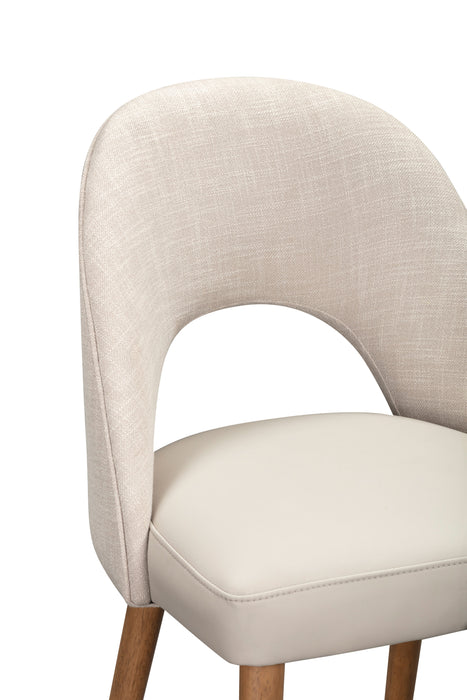 The Florence Counter Stool features a curved, upholstered backrest in light beige fabric, a padded cream-colored seat, and wooden legs, shown against a white background.