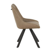 Side view of the Pedro Dining Chair, showcasing its light brown upholstered seat and backrest with four angled black metal legs.