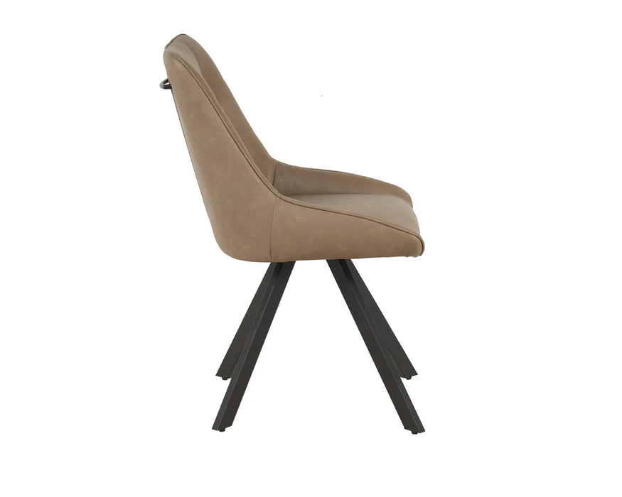 Side view of the Pedro Dining Chair, showcasing its light brown upholstered seat and backrest with four angled black metal legs.