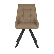 The Pedro Dining Chair features a modern upholstered taupe leather seat and backrest with subtle tufted details and four angled black metal legs, shown against a plain white background.