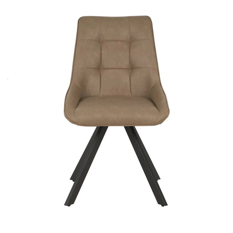 The Pedro Dining Chair features a modern upholstered taupe leather seat and backrest with subtle tufted details and four angled black metal legs, shown against a plain white background.