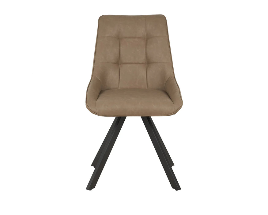 The Pedro Dining Chair features a modern upholstered taupe leather seat and backrest with subtle tufted details and four angled black metal legs, shown against a plain white background.