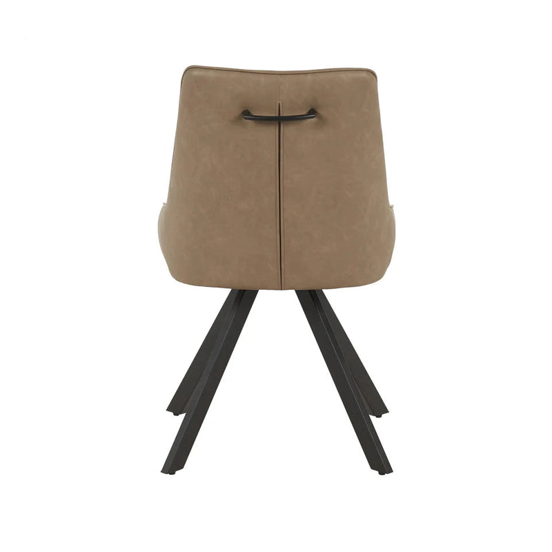 The Pedro Dining Chair features a tan upholstered backrest, black handle, and four black angled metal legs, shown from behind against a white background.