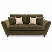 The Cosmos Sofa features olive green upholstery, wide flared arms, two seat cushions, and four pillows—two matching the sofa and two in light beige—set against a white background. This comfortable piece elevates any living space.