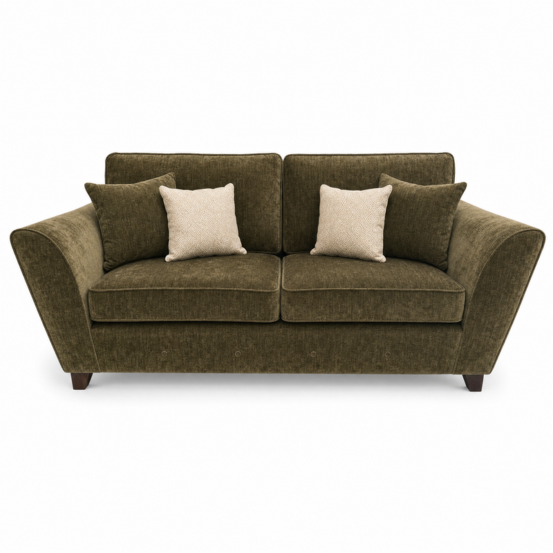 The Cosmos Sofa features olive green upholstery, wide flared arms, two seat cushions, and four pillows—two matching the sofa and two in light beige—set against a white background. This comfortable piece elevates any living space.
