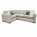 The Ivy Corner Sofa features a light gray L-shaped design, contemporary silhouette, plush cushions, dark wood legs, and decorative throw pillows in blue, white, and gray.