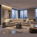 A modern living room features the Ivy Corner Sofa in beige with a contemporary silhouette, a round coffee table, side tables, abstract wall art, floor lamp, fireplace, and floor-to-ceiling windows overlooking a city skyline at dusk.