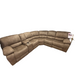 The Sapphire Corner Group is a spacious L-shaped brown sofa with plush cushions, built-in cup holders on one side, and washable fabric upholstery, shown against a white background.