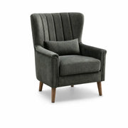 The Charlotte Accent Chair features dark gray velvet and linen upholstery, angled wooden legs, a vertically tufted backrest, and a matching rectangular lumbar pillow—ideal for adding elegance to your home décor.