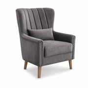 The Charlotte Accent Chair is a modern gray upholstered armchair with vintage-inspired vertical tufted back, matching lumbar pillow, and wooden legs, displayed on a plain white background.