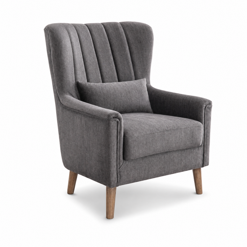 The Charlotte Accent Chair is a modern gray upholstered armchair with vintage-inspired vertical tufted back, matching lumbar pillow, and wooden legs, displayed on a plain white background.