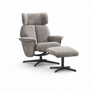 The Reagan Swivel Chair + Footstool is a modern light gray recliner with lumbar support, cushioned upholstery, and black metal swivel bases, presented on a white background.