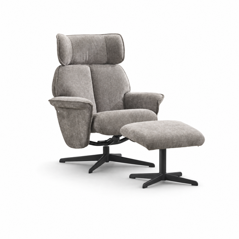 The Reagan Swivel Chair + Footstool is a modern light gray recliner with lumbar support, cushioned upholstery, and black metal swivel bases, presented on a white background.