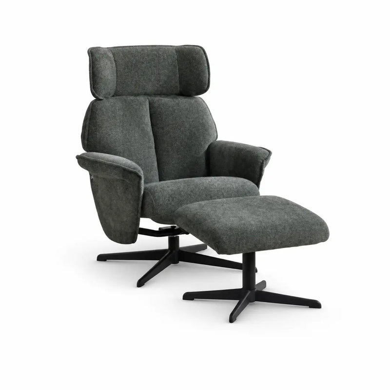 The Reagan Swivel Chair + Footstool features modern dark gray fabric, lumbar support, cushioned ergonomic design, and black metal swivel bases for both pieces.