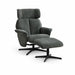 The Reagan Swivel Chair + Footstool features modern dark gray fabric, lumbar support, cushioned ergonomic design, and black metal swivel bases for both pieces.