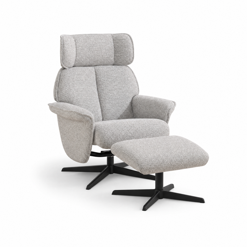 The Reagan Swivel Chair + Footstool features a modern grey design with lumbar support, black metal swivel bases, and textured fabric upholstery, shown against a plain white background.