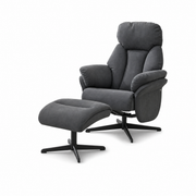 The Sloane Swivel Chair + Footstool features modern dark gray upholstery, plush cushions, and black metal swivel bases, shown together against a plain white background.