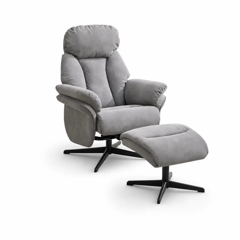 The Sloane Swivel Chair + Footstool features a modern grey design with plush cushions, armrests, and matching footrest. Both have black metal swivel bases and are shown against a plain white background.