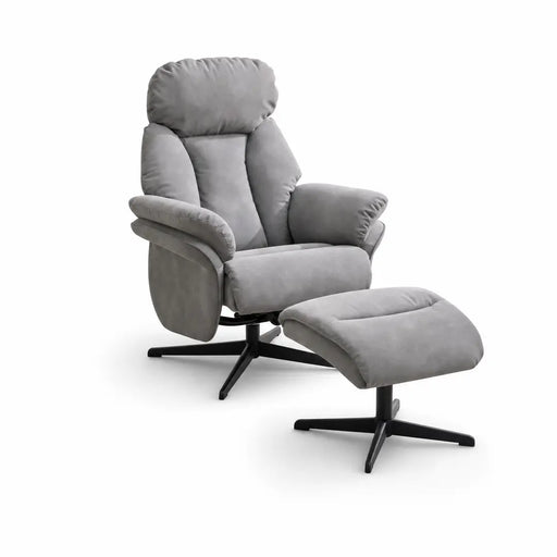 The Sloane Swivel Chair + Footstool features a modern grey design with plush cushions, armrests, and matching footrest. Both have black metal swivel bases and are shown against a plain white background.