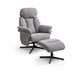 The Sloane Swivel Chair + Footstool features a modern grey design with plush cushions, armrests, and matching footrest. Both have black metal swivel bases and are shown against a plain white background.