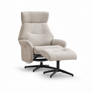 The Mira Swivel Chair + Footstool features modern light gray upholstery, an extended footrest, and a black metal swivel base, shown against a plain white background.