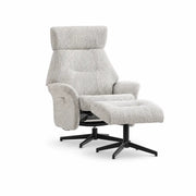The Mira Swivel Chair + Footstool set features modern light gray upholstery, cushioned seats, and black metal swivel bases, shown against a plain white background.
