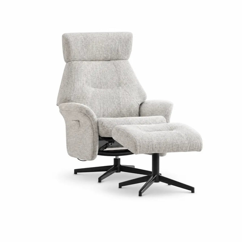 The Mira Swivel Chair + Footstool set features modern light gray upholstery, cushioned seats, and black metal swivel bases, shown against a plain white background.