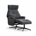 The Mira Swivel Chair + Footstool features a modern dark gray design with a high backrest, angled armrests, extended footrest, and black metal swivel base in textured fabric—ideal for adding style and comfort to any living space.