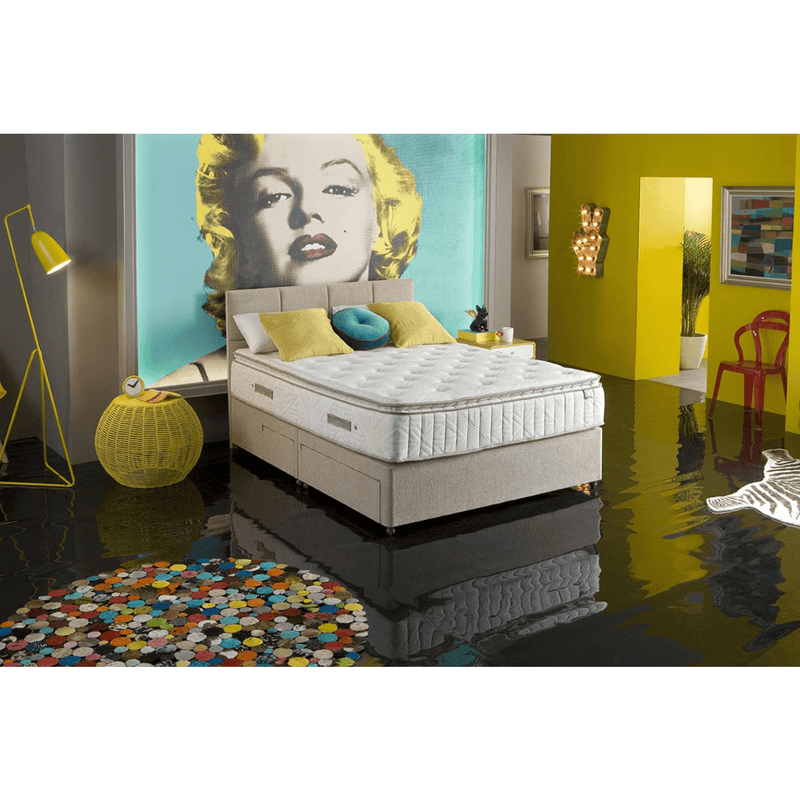 A King Koil mattress set in a bedroom setting, showcasing the mattress with pillow top layer, in a stylishly decorated room.