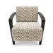 The Falcon Accent Chair is a modern accent chair upholstered in cream fabric with a black chevron zigzag pattern, and features black wooden arms and legs. This contemporary chair is shown from the front.