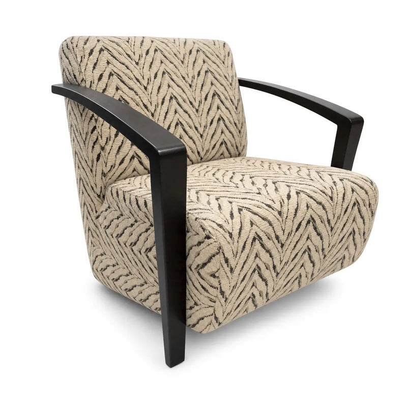 The Falcon Accent Chair features black wooden arms and legs and is upholstered in beige fabric with a black abstract chevron herringbone pattern. Slightly angled to the left, this customizable chair adds a contemporary touch to any stylish living space.