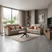Contemporary living room featuring a Lorenzo Electric Recliner 3 seater sofa in washable fabric, paired with a beige two-seater, patterned and orange cushions, a round coffee table on a rug, floor lamp, built-in shelves, wall art, TV on a wooden stand, large window with curtains, and greenery outside.