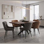 A contemporary dining room featuring the Elson Table & 6 Diamond Chairs - Special Offer, with upholstered seats in brown and gray shades, a sleek pendant light, expansive windows, abstract wall art, and a stylish sideboard with decorative accents.