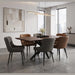 A contemporary dining room featuring the Elson Table & 6 Diamond Chairs - Special Offer, with upholstered seats in brown and gray shades, a sleek pendant light, expansive windows, abstract wall art, and a stylish sideboard with decorative accents.