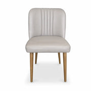 Front view of the Mia Dining Chair featuring a light grey upholstered seat and backrest with vertical stitching details, supported by four solid oak legs.