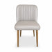Front view of the Mia Dining Chair featuring a light grey upholstered seat and backrest with vertical stitching details, supported by four solid oak legs.