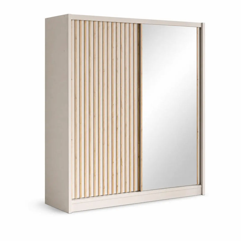 The London Sliderobe - Cashmere features a modern sliding door design, with one door showcasing a vertical wooden slat pattern and the other a large mirror. Finished in white with natural wood accents, this contemporary wardrobe combines style and functionality for any modern space.